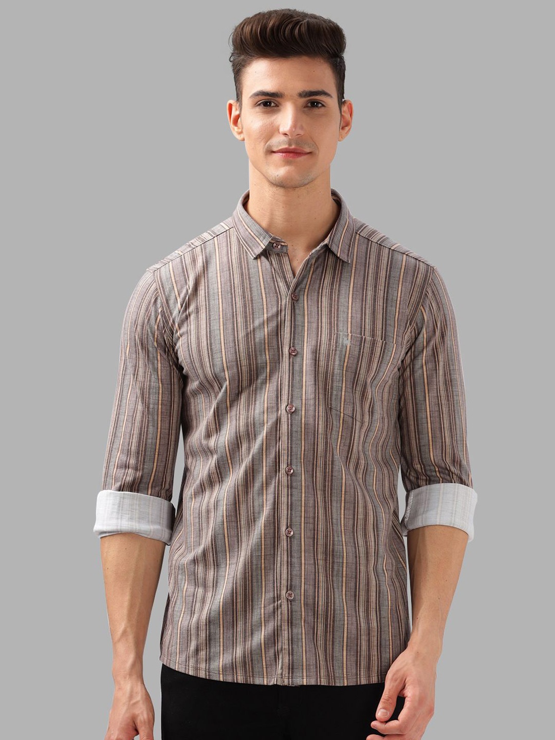 

BULLMER Men Spread Collar Multi Striped Cotton Casual Shirt, Brown