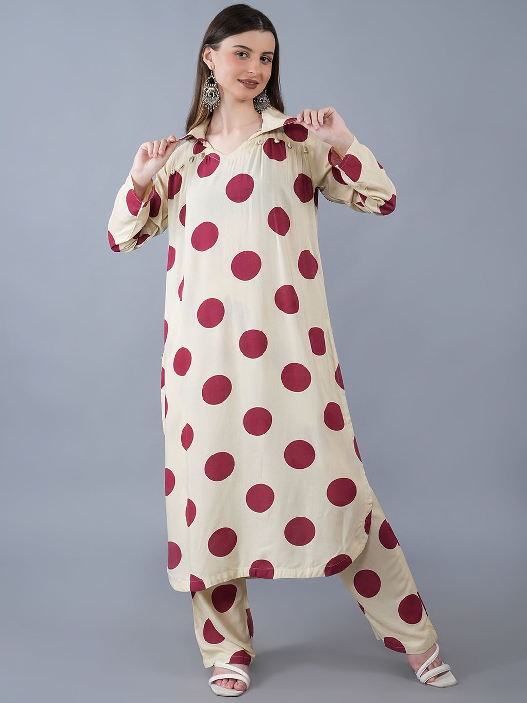 

KALINI Polka Dot Printed Pakistani Style Beads and Stones Kurta with Palazzos, Cream