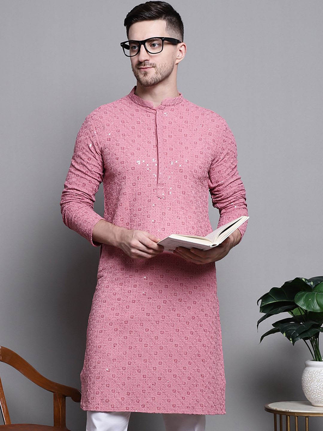 

Jompers Men Woven Design Embroidered Cotton Kurta, Coral