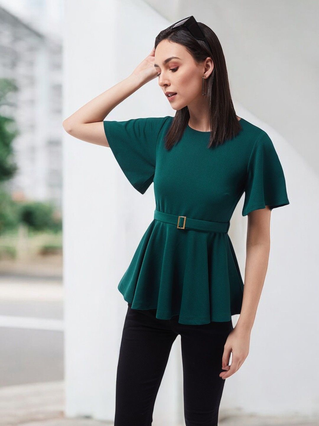 

All About You Women Solid Polyester Slim Fit Round Neck Short Sleeve Regular Length Top, Teal