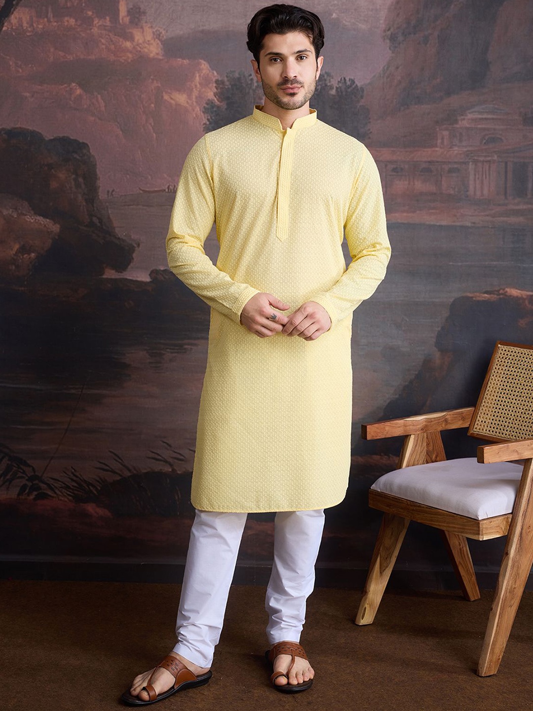 

House of Pataudi Floral Embroidered Mandarin Collar Chikankari Straight Kurta With Pyjamas, Yellow