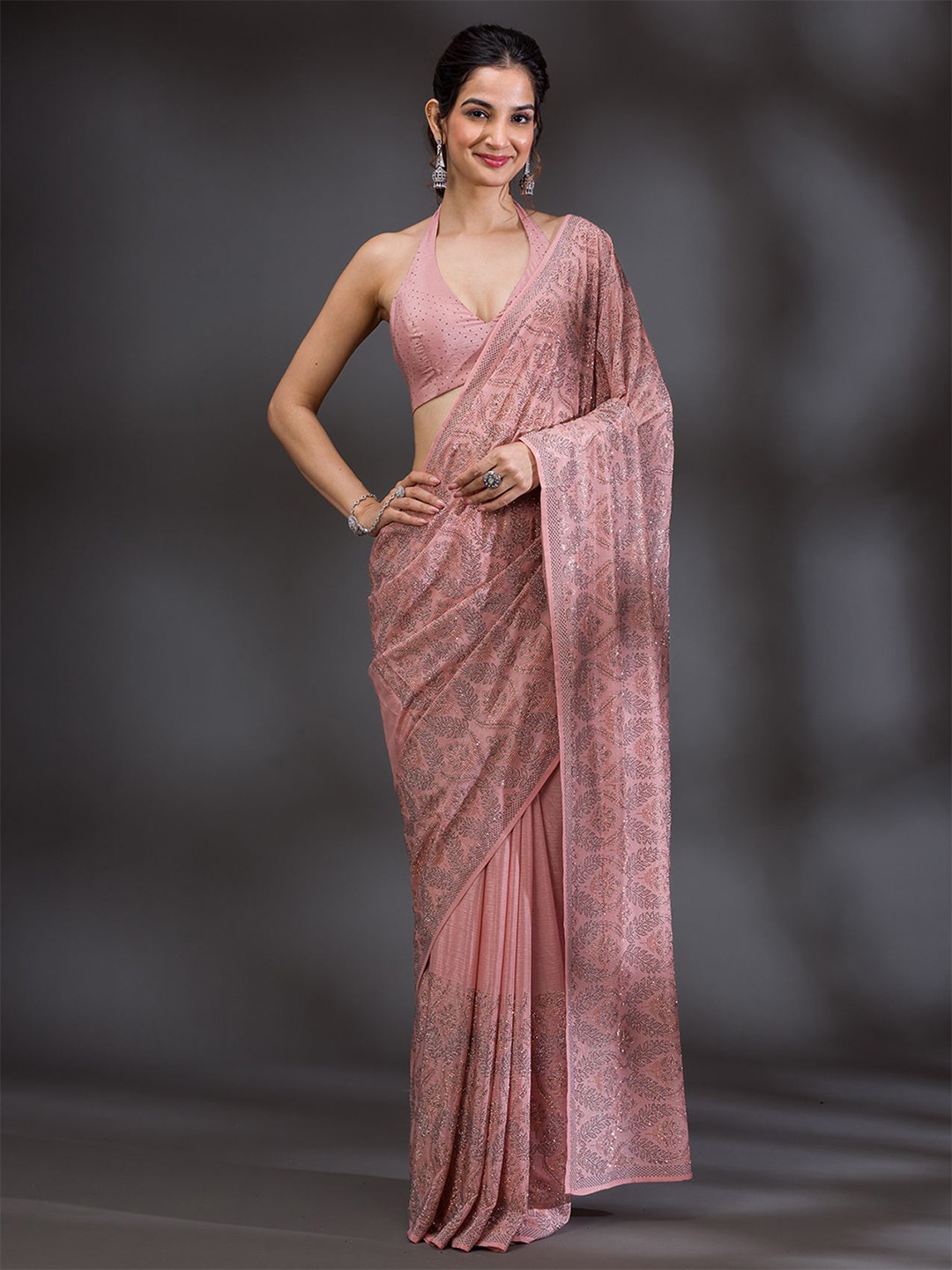 

Koskii Embellished Beads and Stones Satin Saree, Peach