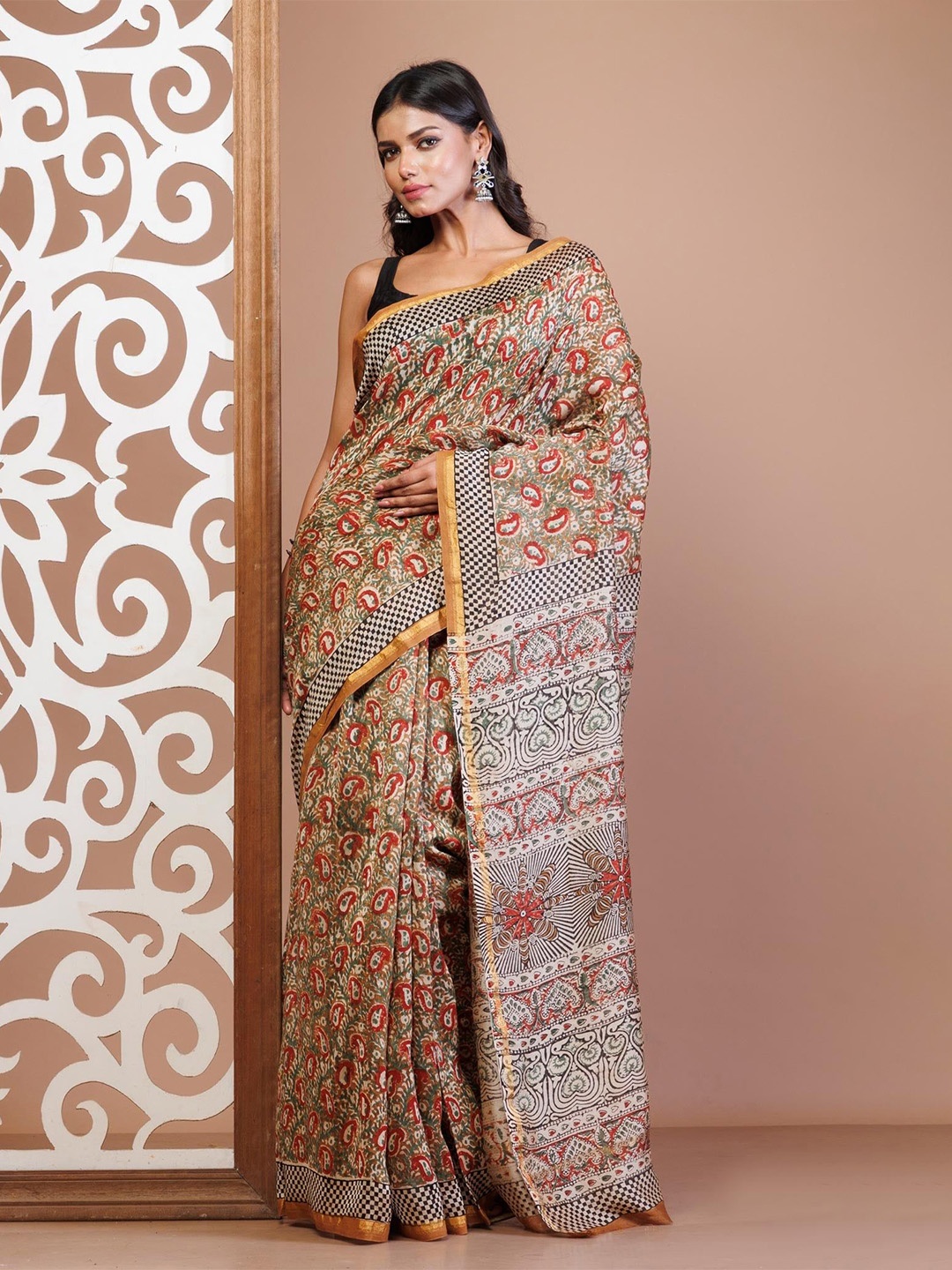 

Unnati Silks Ethnic Motifs Zari Silk Cotton Handloom Chanderi Saree, Brown