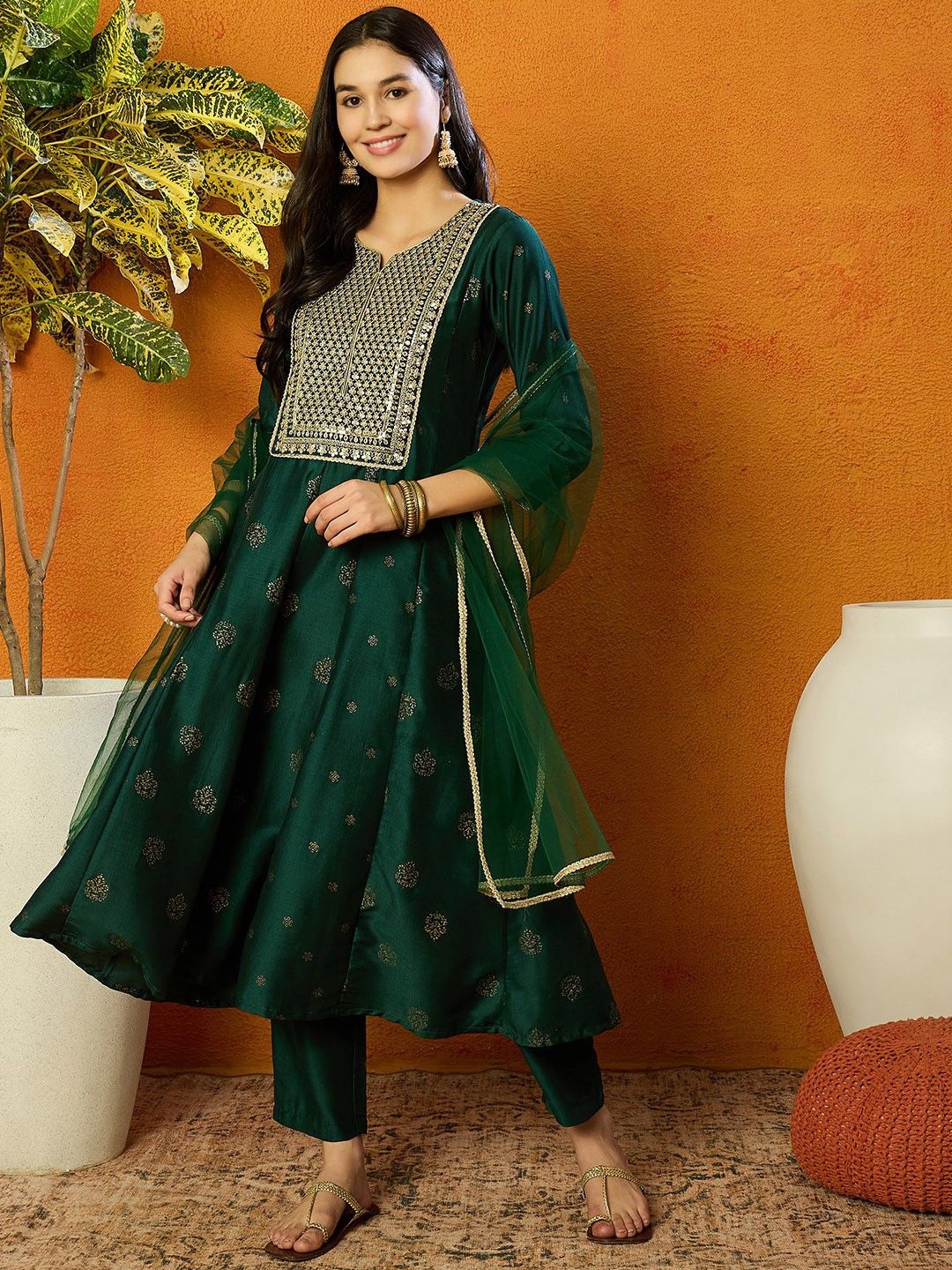 

KALINI Floral Embroidered Panelled Sequinned Anarkali Kurta With Palazzos & Dupatta, Green