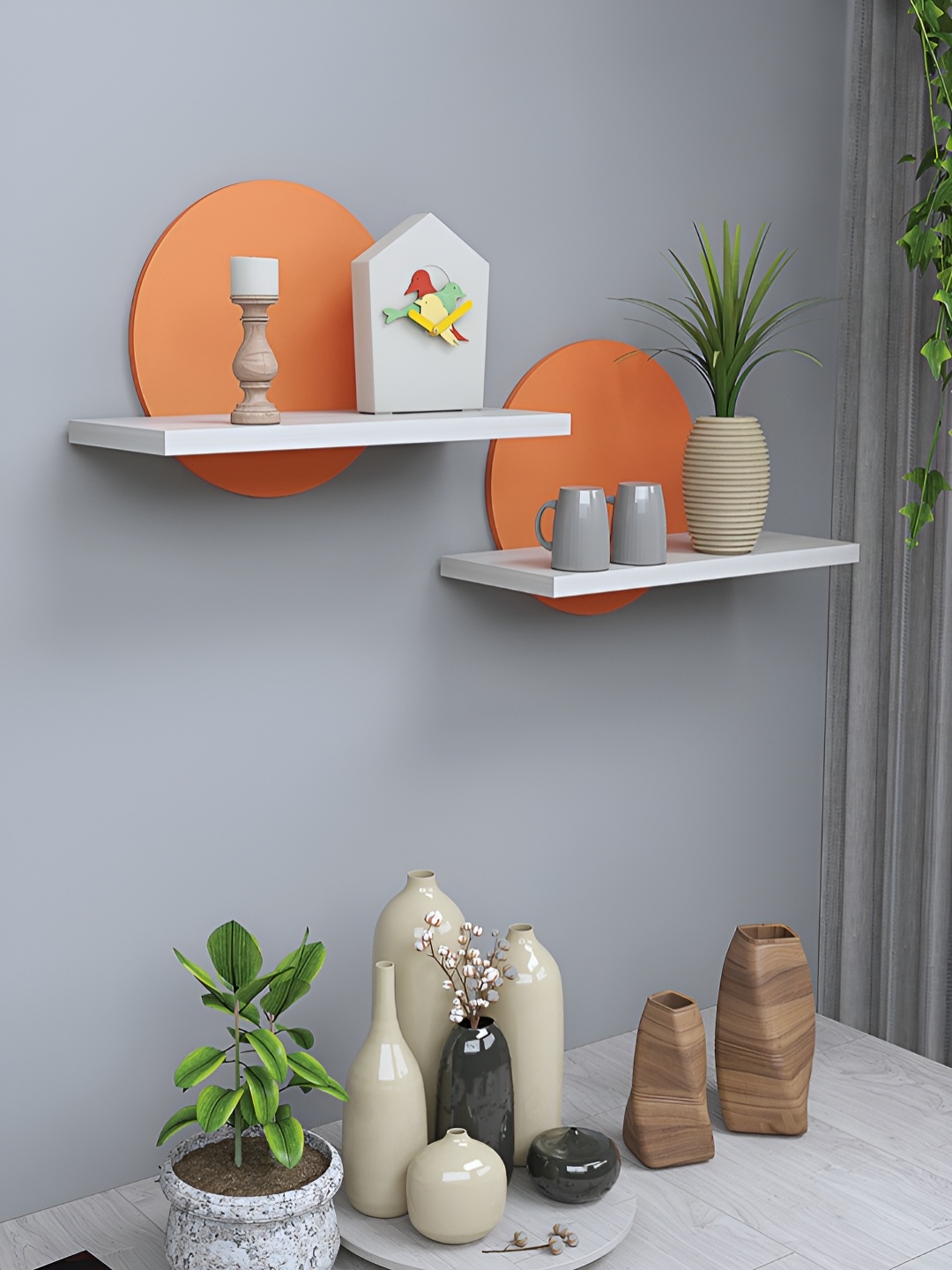 

RANDOM White & Orange 2 Pieces Engineered Wood Wall Shelves