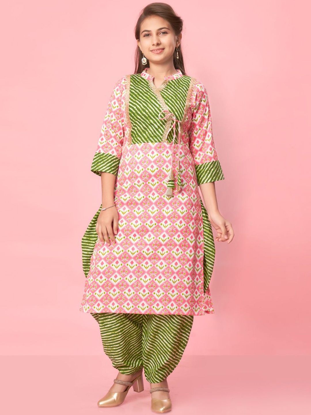 

BAESD Girls Ethnic Motifs Printed Pure Cotton Angrakha Kurta with Salwar Set, Red