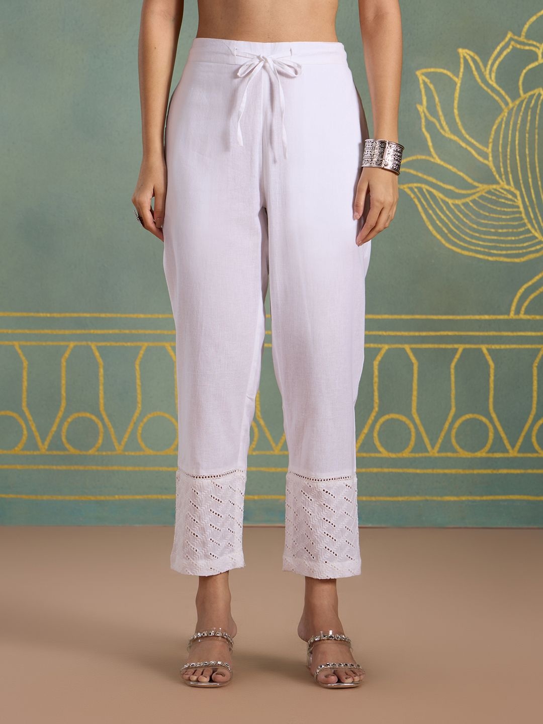 

Likha Women Geometric Hem Design Cotton Palazzos, White