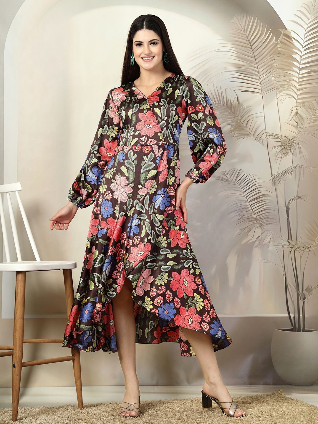 

plusS Floral Printed Wrap Midi Dress, Black