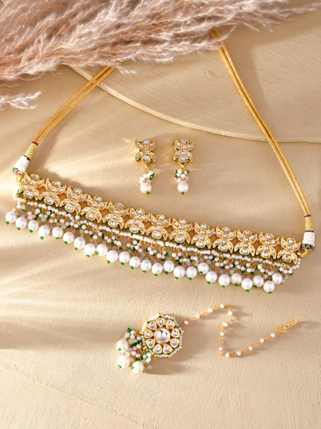 

DASTOOR Gold Plated Stone Studded & Beaded Jewellery Set