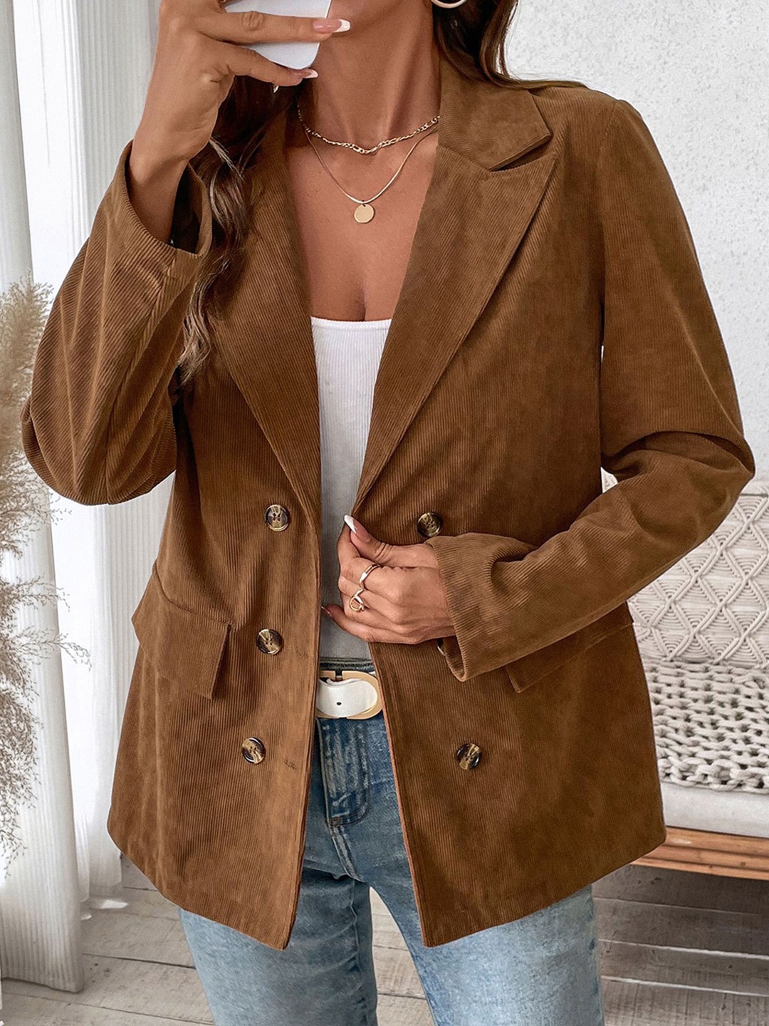 

StyleCast x Revolte Women Spread Collar Tailored Jacket, Brown