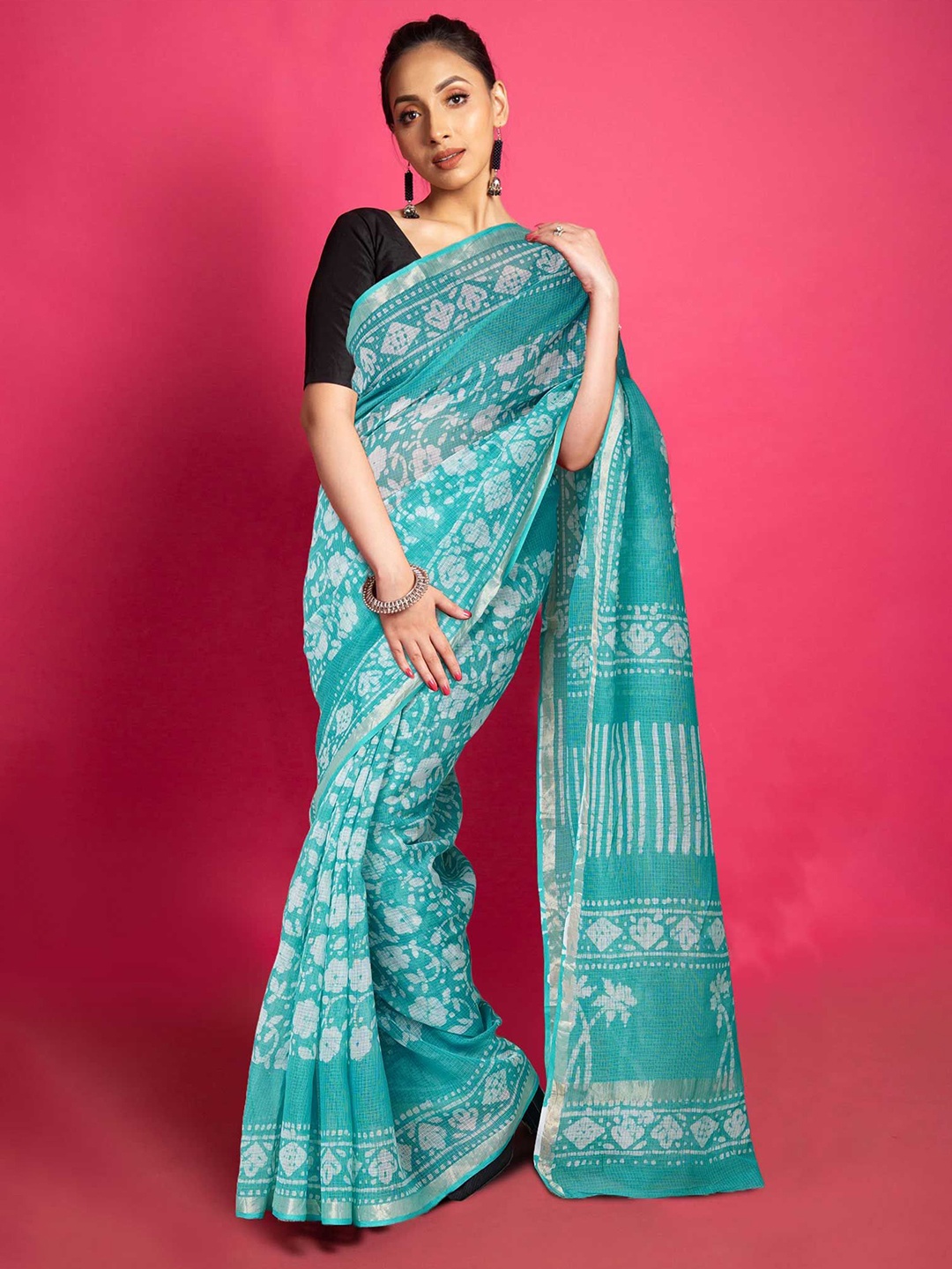 

Unnati Silks Ethnic Motifs Printed Net Handloom Kota Saree, Turquoise blue