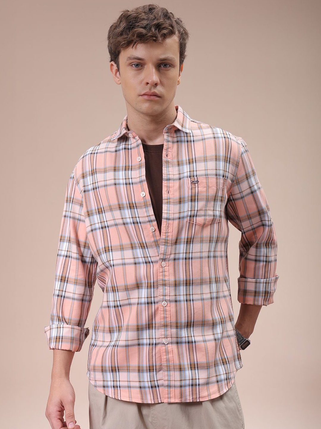 

The Indian Garage Co Men Cutaway Collar Checked Cotton Slim Fit Casual Shirt, Pink