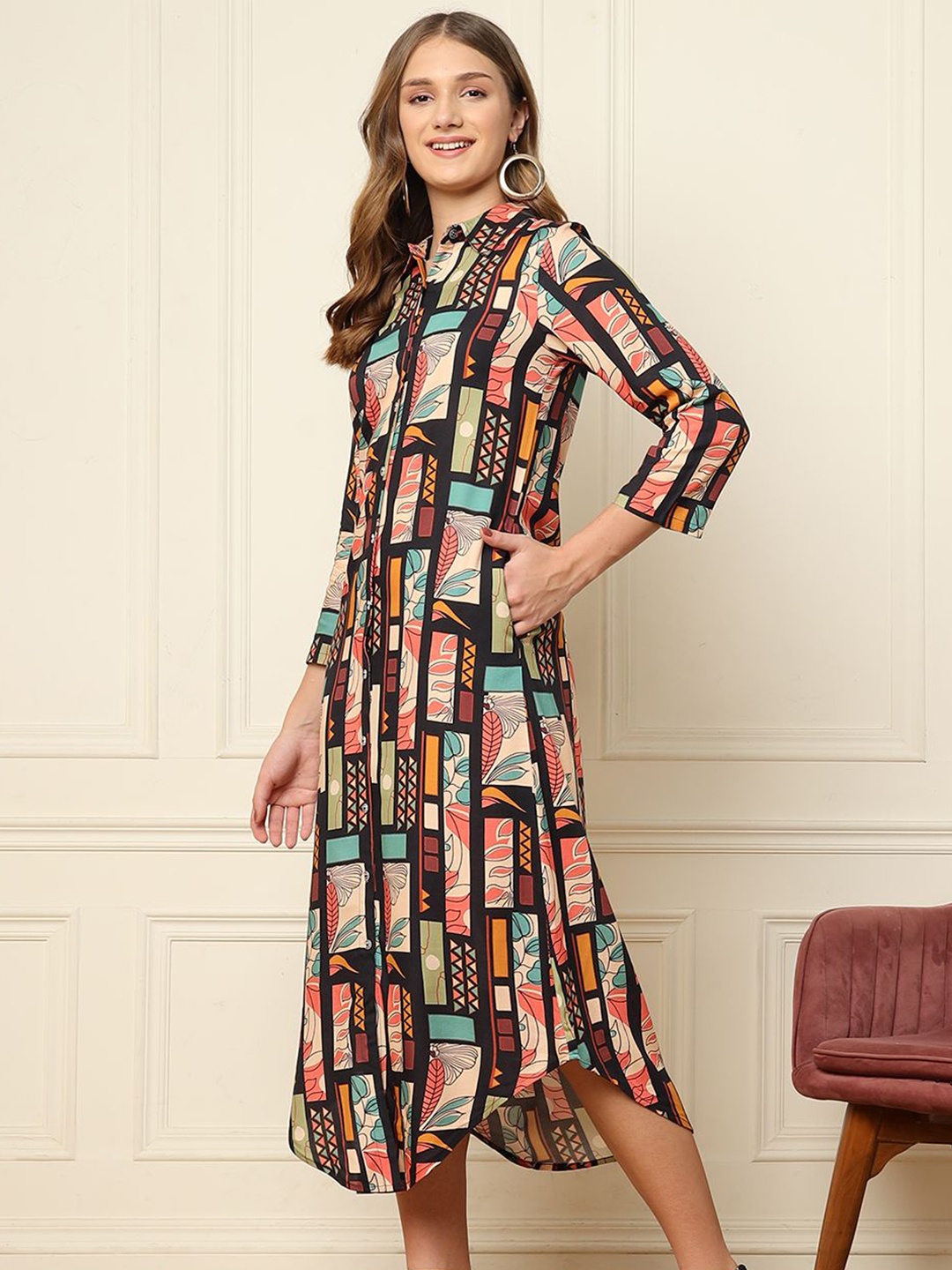 

DEEBACO Women Print Shirt Maxi Dress, Multi