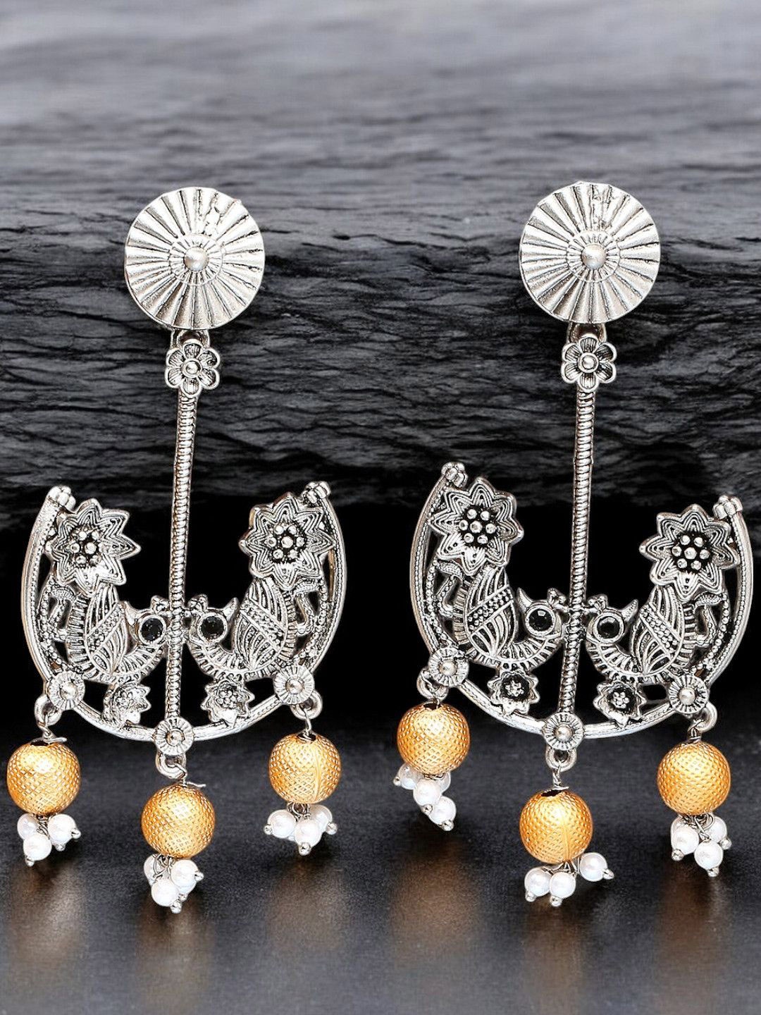 

OOMPH Metal Artificial Stones and Beads Studded Contemporary Drop Earrings, Silver