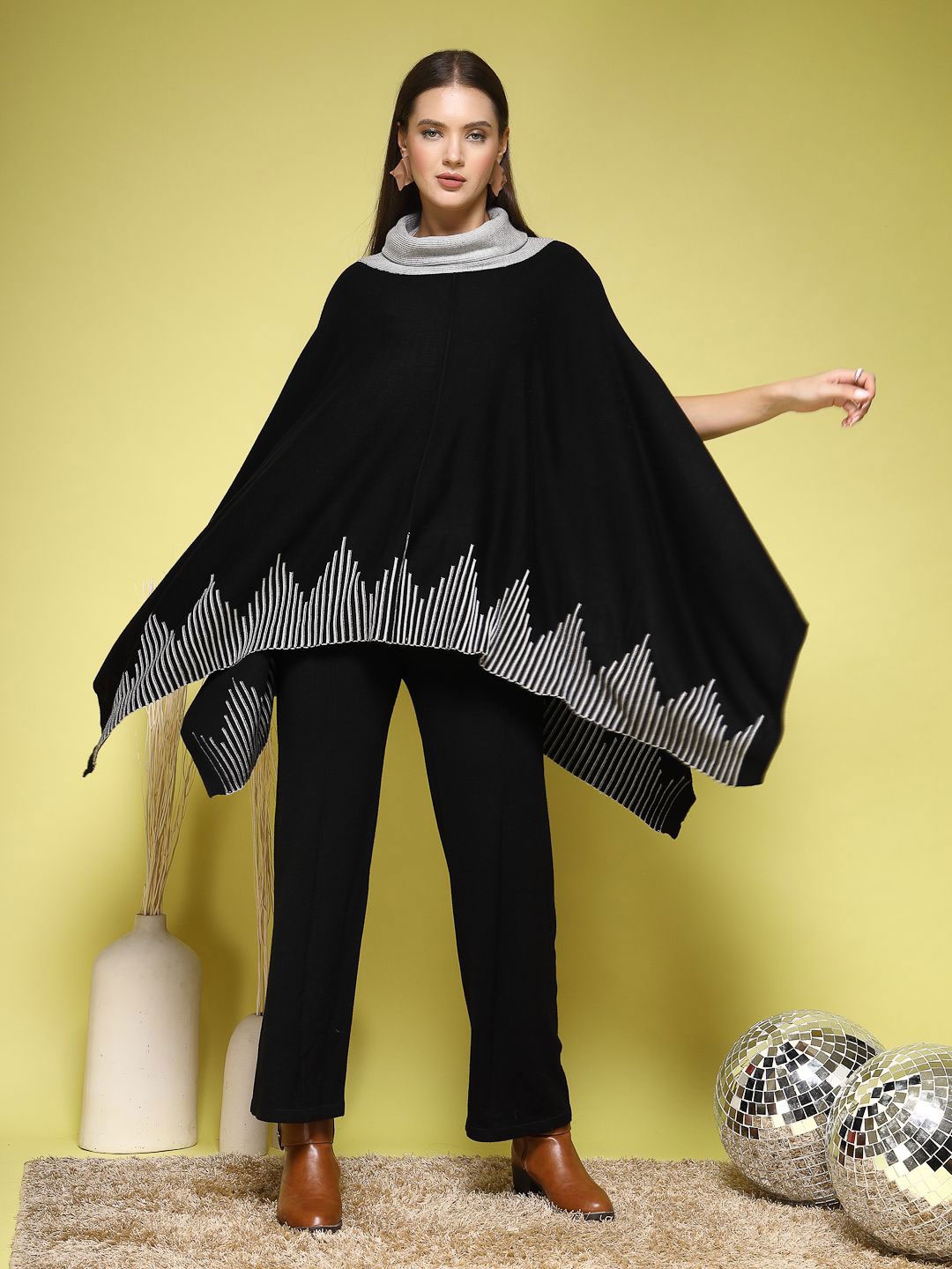 

Mafadeny Geometric Woven Design Turtle Neck Short Sleeves Top With Trouser, Black