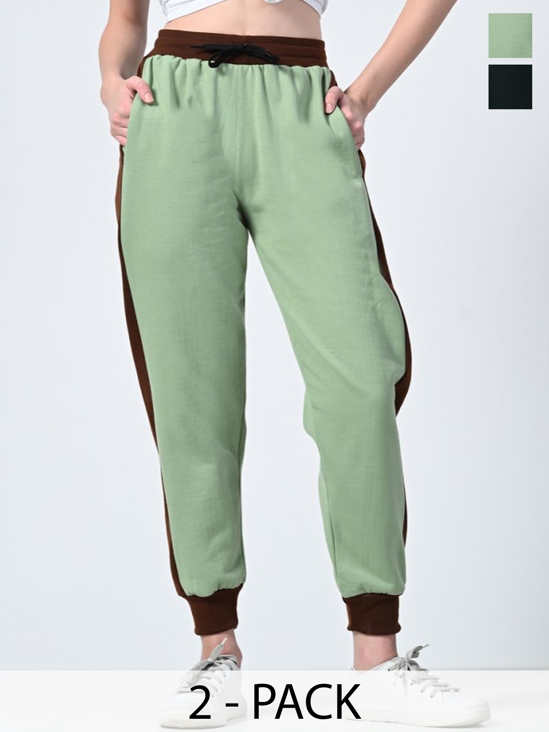 

BAESD Women Pack Of 2 Colourblocked Relaxed-Fit Joggers, Sea green