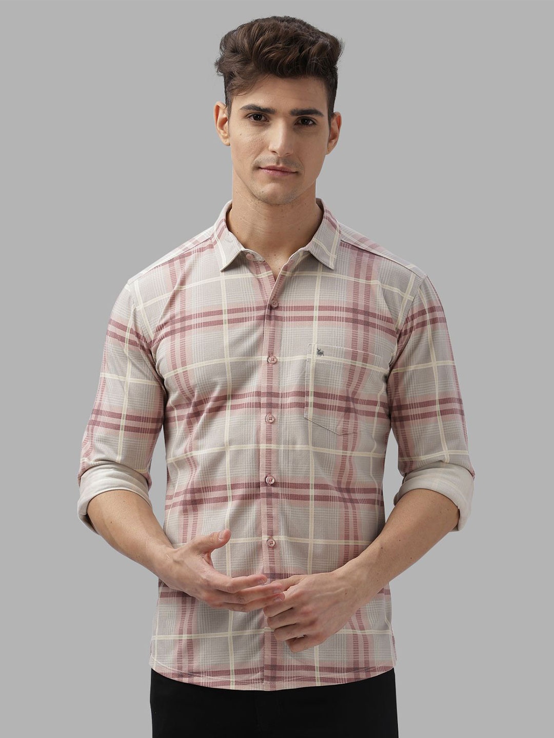 

BULLMER Men Spread Collar Buffalo Checked Cotton Relaxed Fit Casual Shirt, Grey