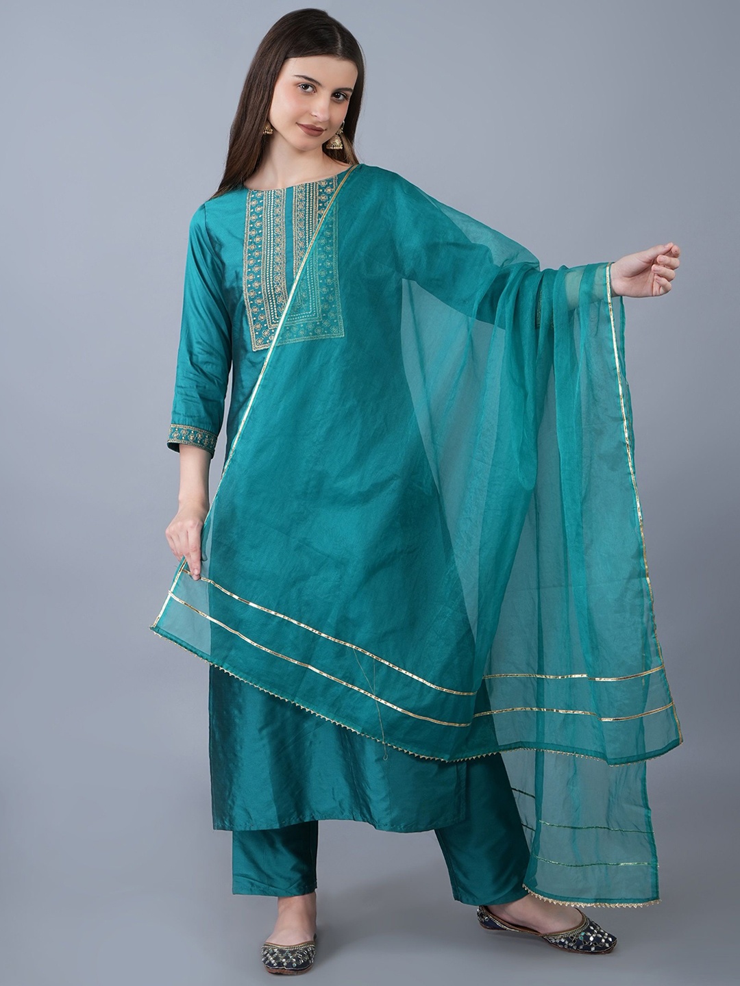 

KALINI Ethnic Motifs Embroidered Straight Kurta With Trouser & Dupatta, Green