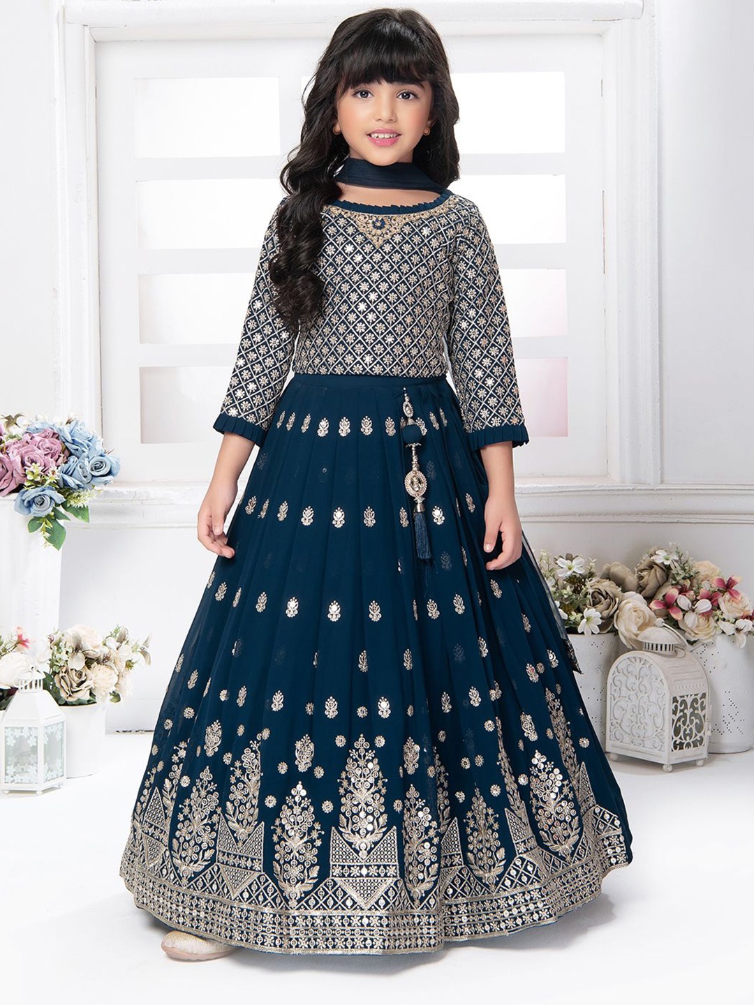 

Tiny Kingdom Girls Embroidered Sequinned Ready to Wear Lehenga & Blouse With Dupatta, Blue