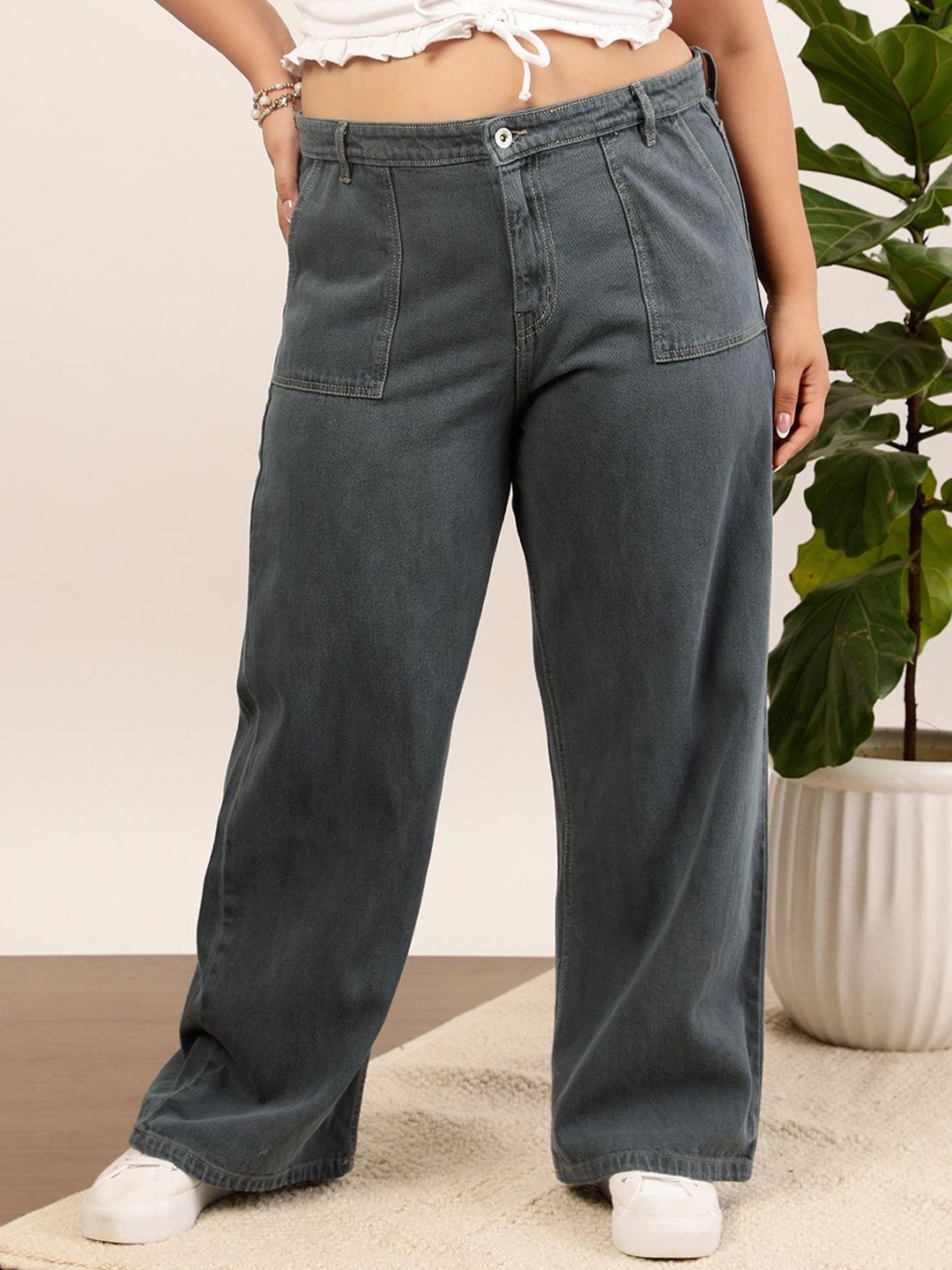 

CURVY STREET Women Plus Size Jean Wide Leg Jeans, Grey