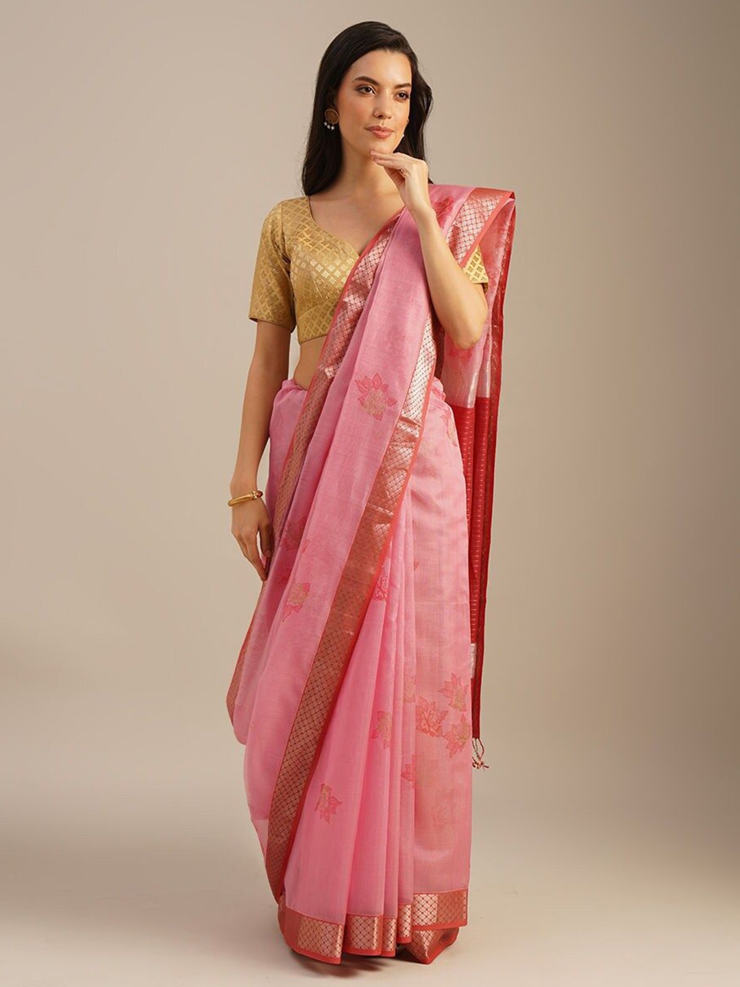 

JAYPORE Floral Zari Block Print Saree, Pink