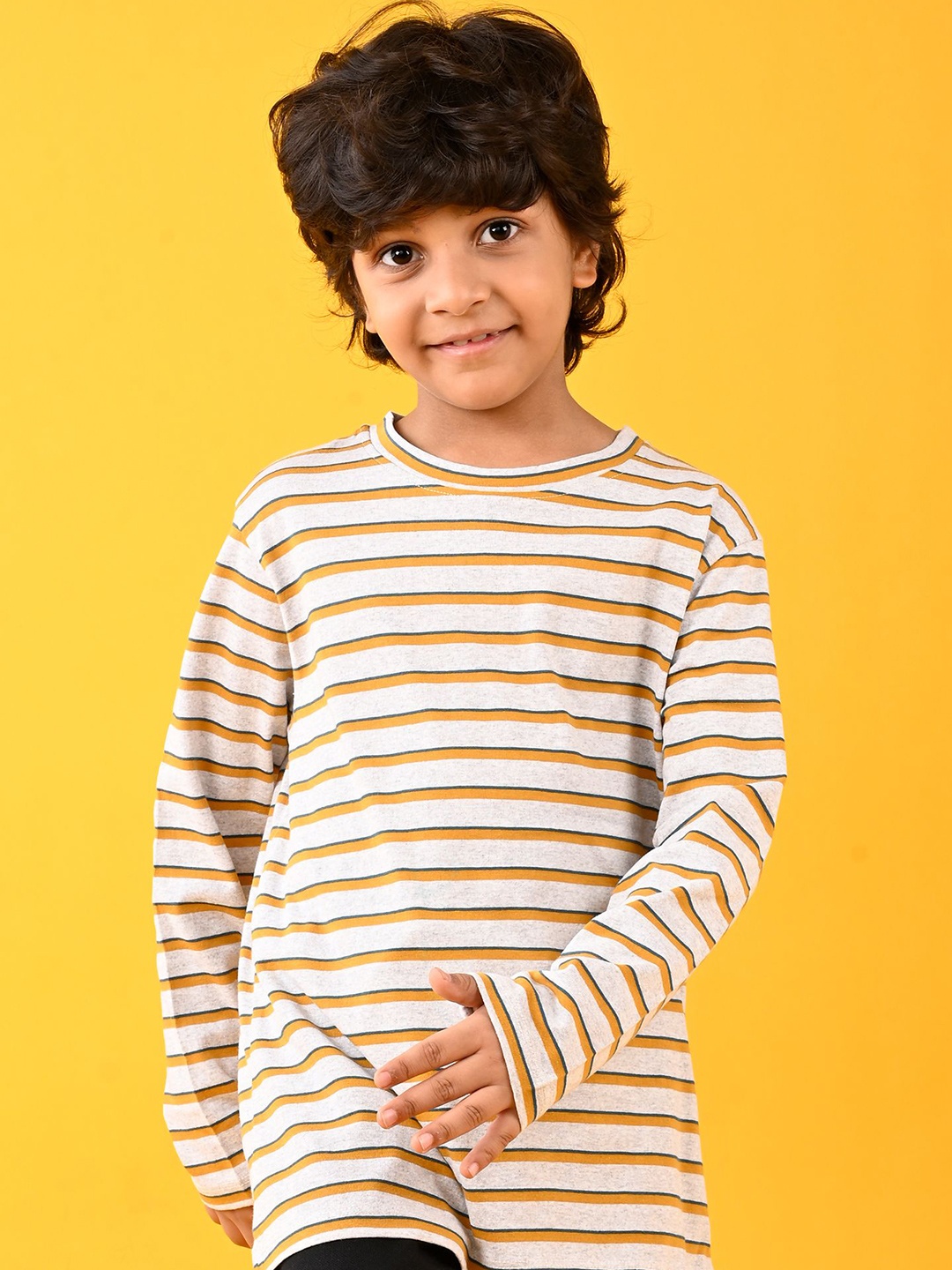 

Anthrilo Boys Striped Round Neck Longline T-shirt, Beige
