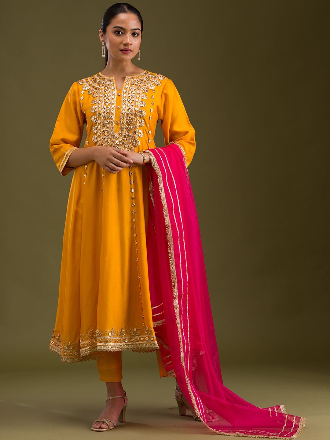 

Koskii Floral Embroidered Kurta With Trousers & Dupatta, Yellow
