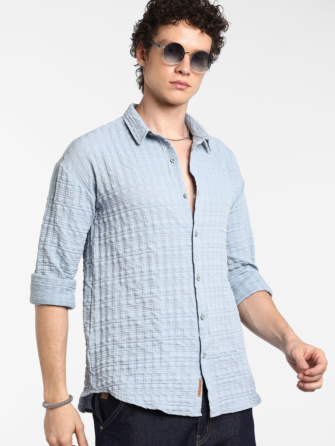 

Campus Sutra Men Comfort Spread Collar Textured Oversized Casual Shirt, Blue