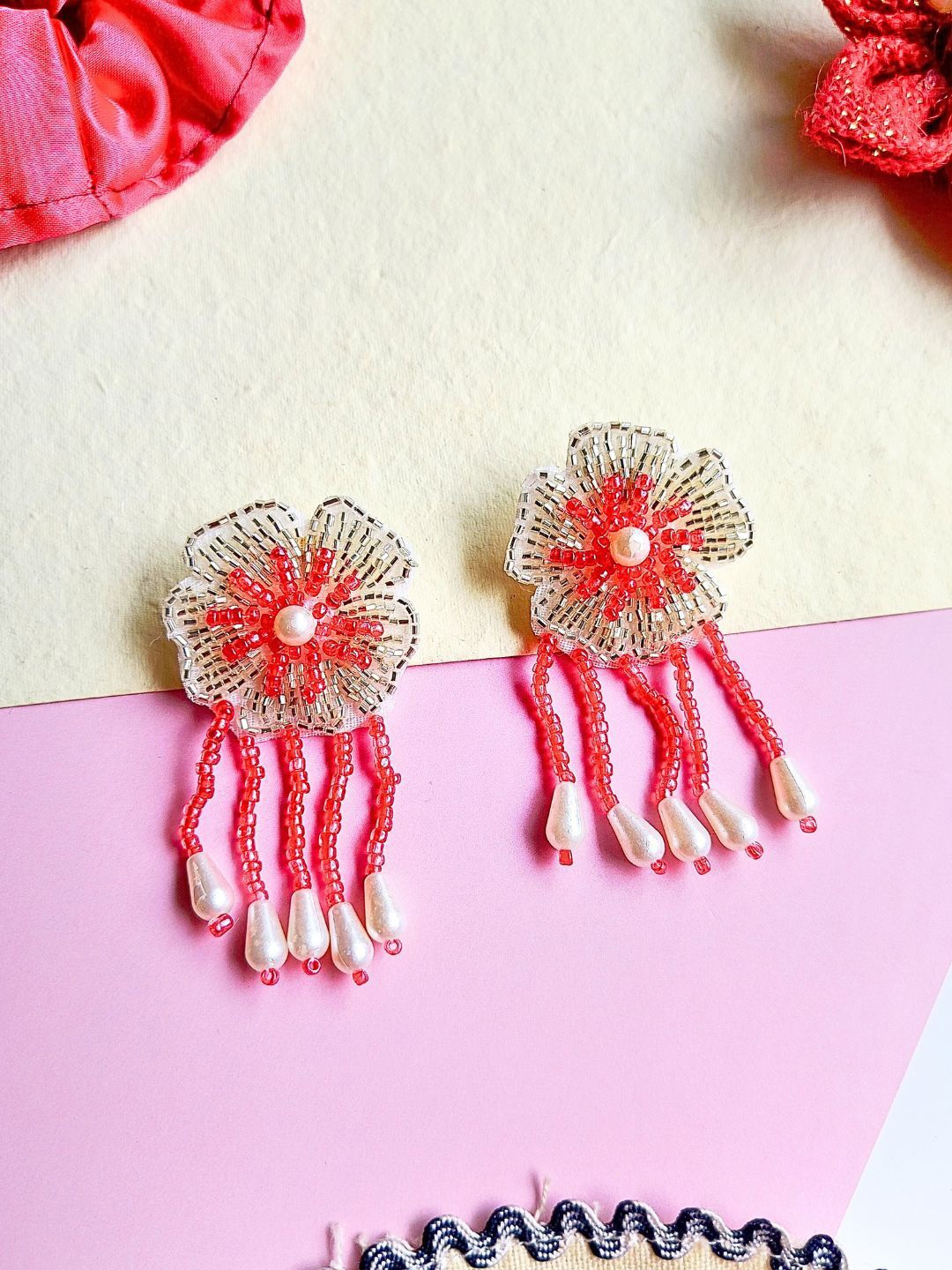

Sangria Gold-Plated Beads-Studded Drop Earrings, Red