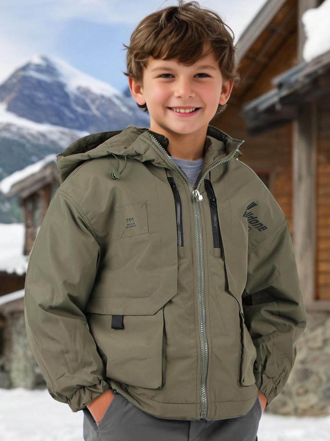 

INCLUD Boys Typography Open Front Jacket, Green