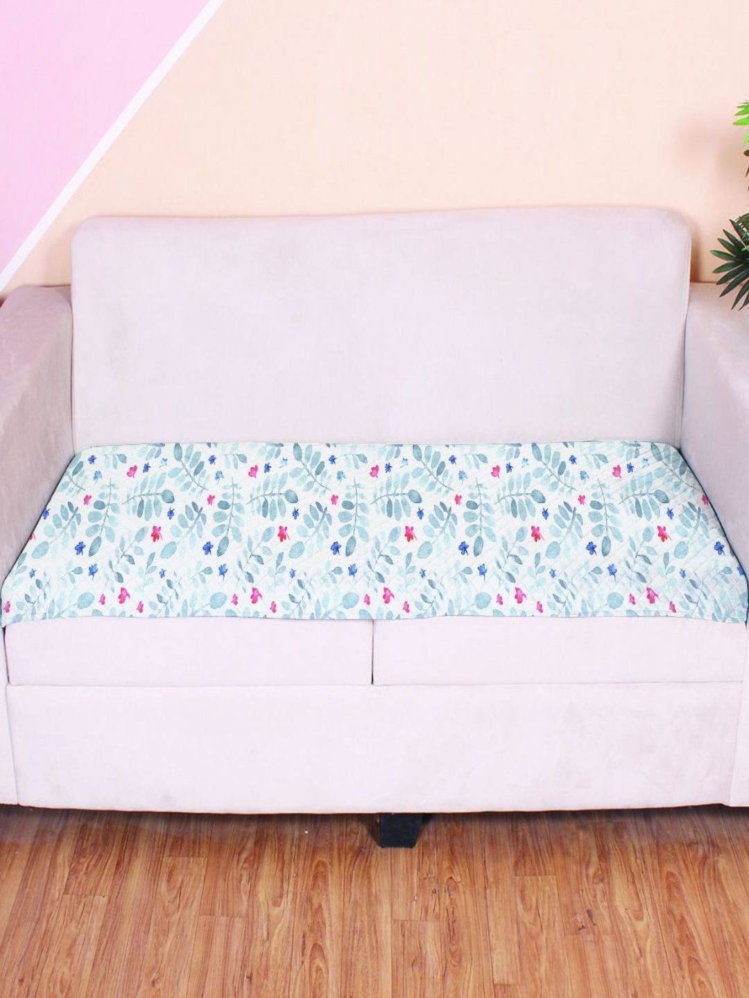 

STITCHNEST Blue & Pink Printed Velvet 1 Piece Sofa Cover
