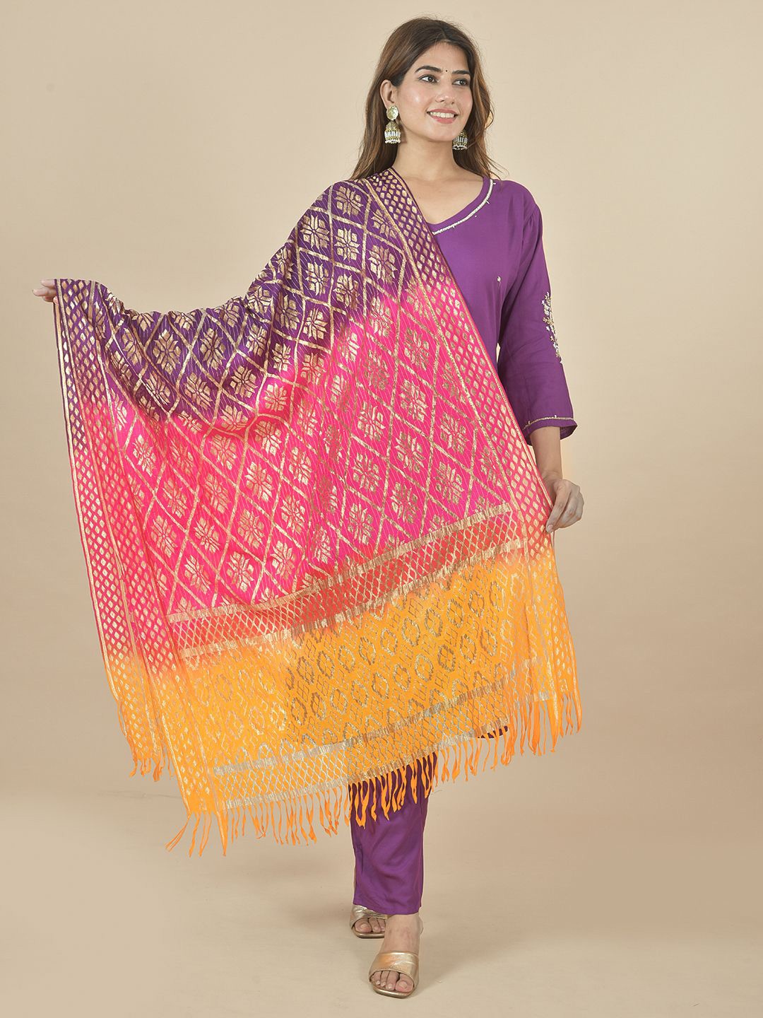 

LA FEMINAE Ethnic Motifs Woven Design Dupatta, Purple