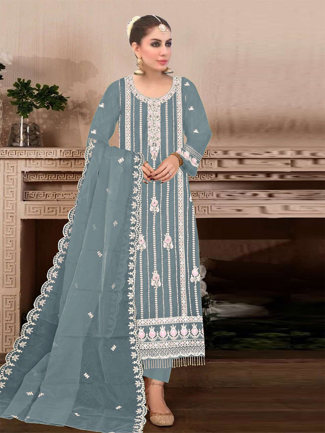 

ODETTE Floral Embroidered Georgette Semi-Stitched Kurta With Trousers & Dupatta, Sea green