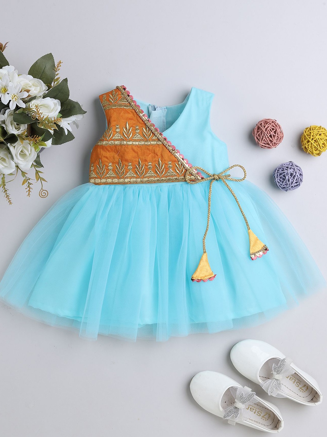 

MANY FROCKS & Kids-Girls Embroidered Wrap Dress, Blue
