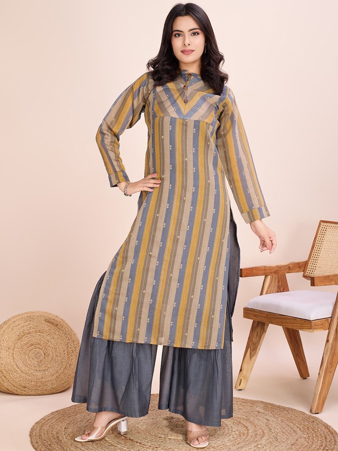 

ZARIMO Striped Band Collar Pure Cotton Straight Kurta with Trousers, Yellow