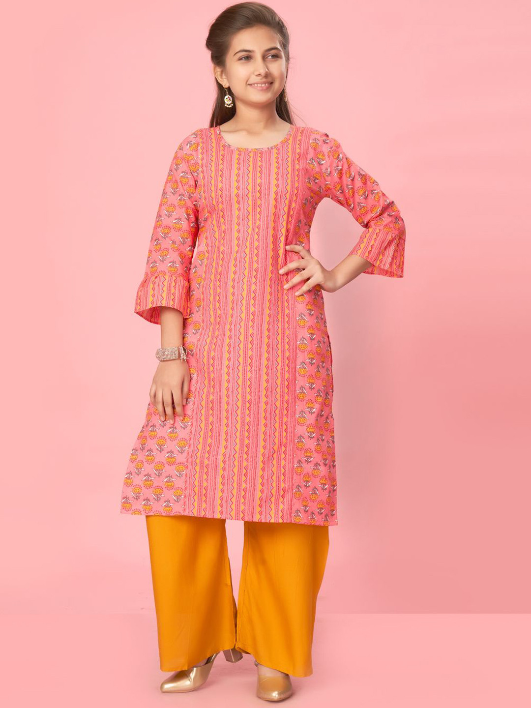 

BAESD Girls Ethnic Motifs Flared Sleeves Thread Work Kurta, Red