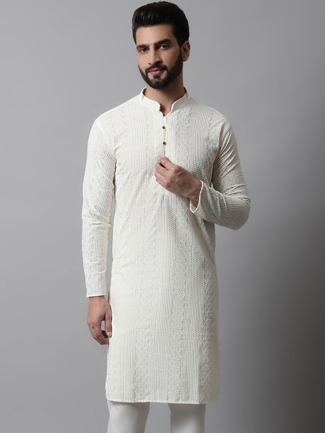

Jompers Men Woven Design Embroidered Cotton Kurta, Cream