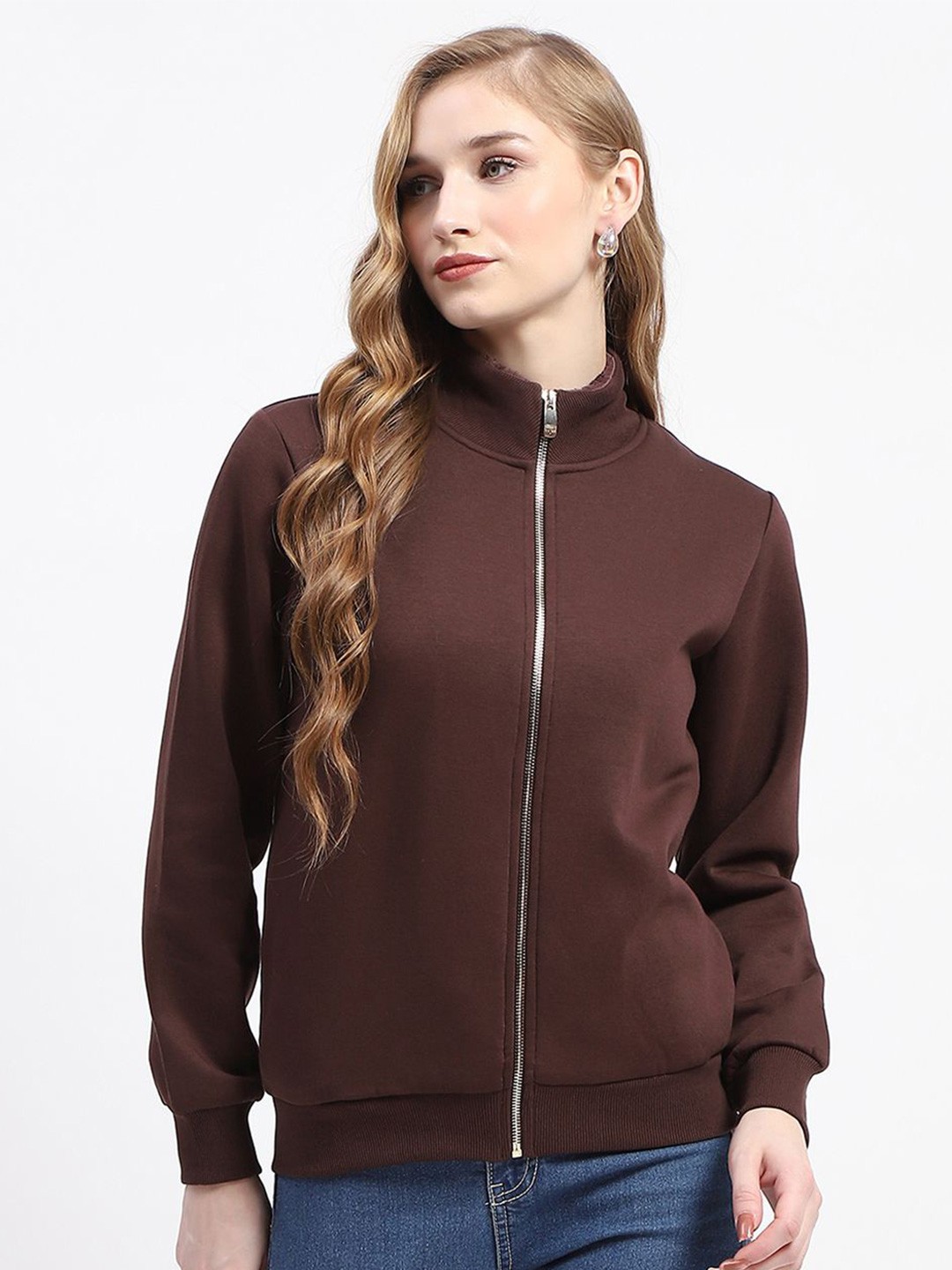 

Madame Women Solid Mock Collar Sweatshirt, Brown