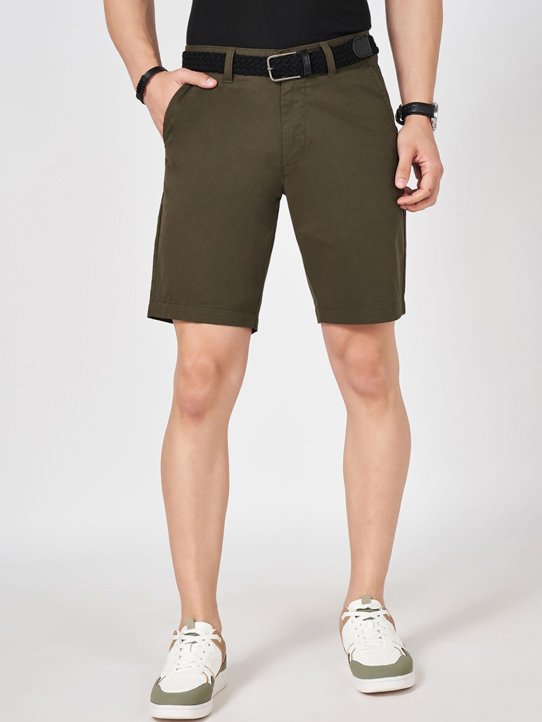 

BYFORD by Pantaloons Men Solid Above Knee Slim Fit Shorts, Olive