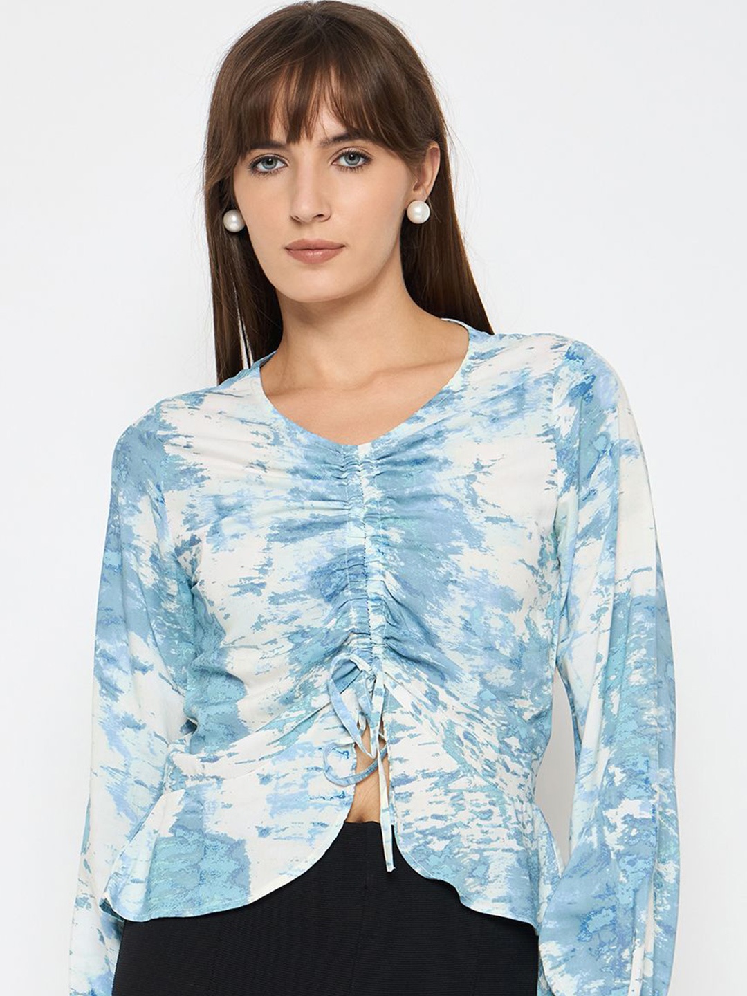 

BAESD Women Abstract Printed V-Neck Top, Blue