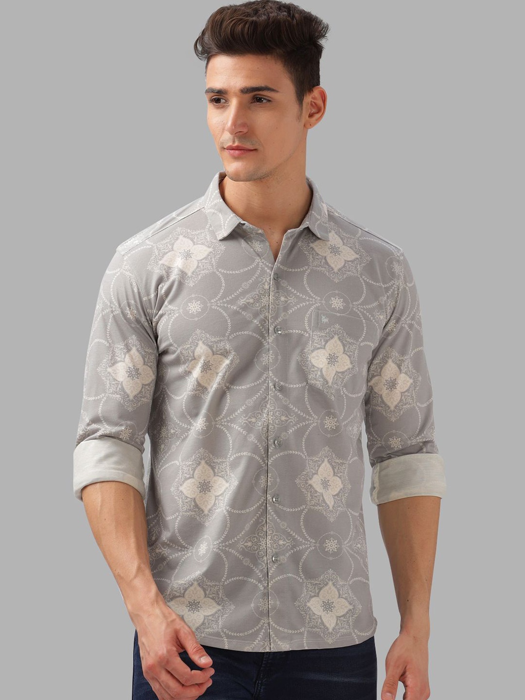 

BULLMER Men Spread Collar Abstract Printed Cotton Casual Shirt, Grey