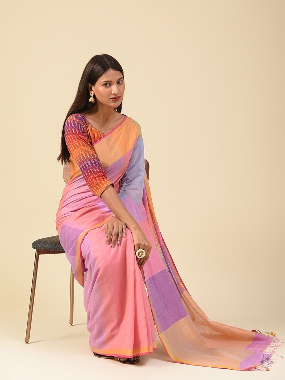 

JAYPORE Colourblocked Zari Pure Cotton Saree, Pink