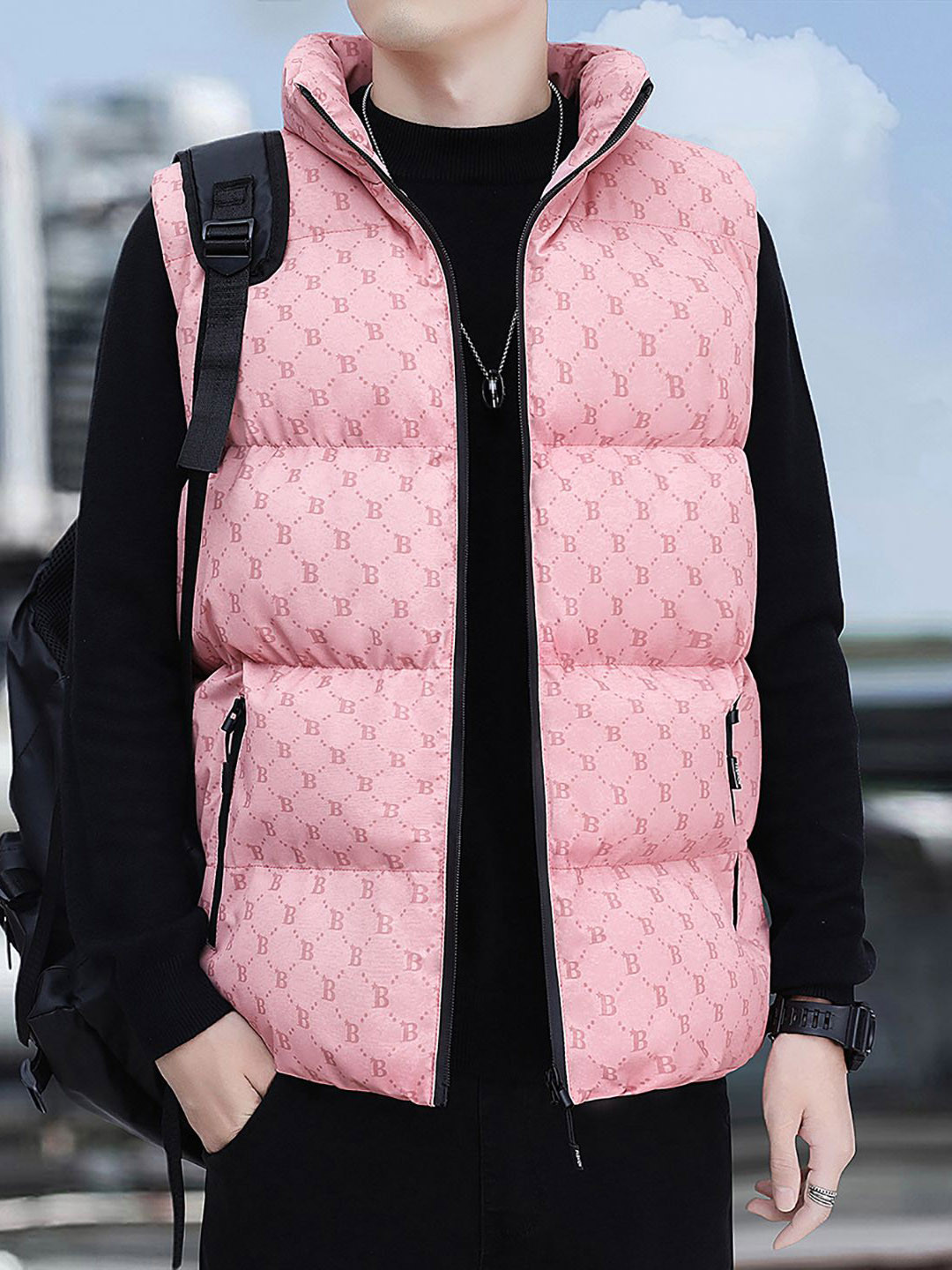 

StyleCast x Revolte Men Printed Stand Collar Padded Jacket, Pink