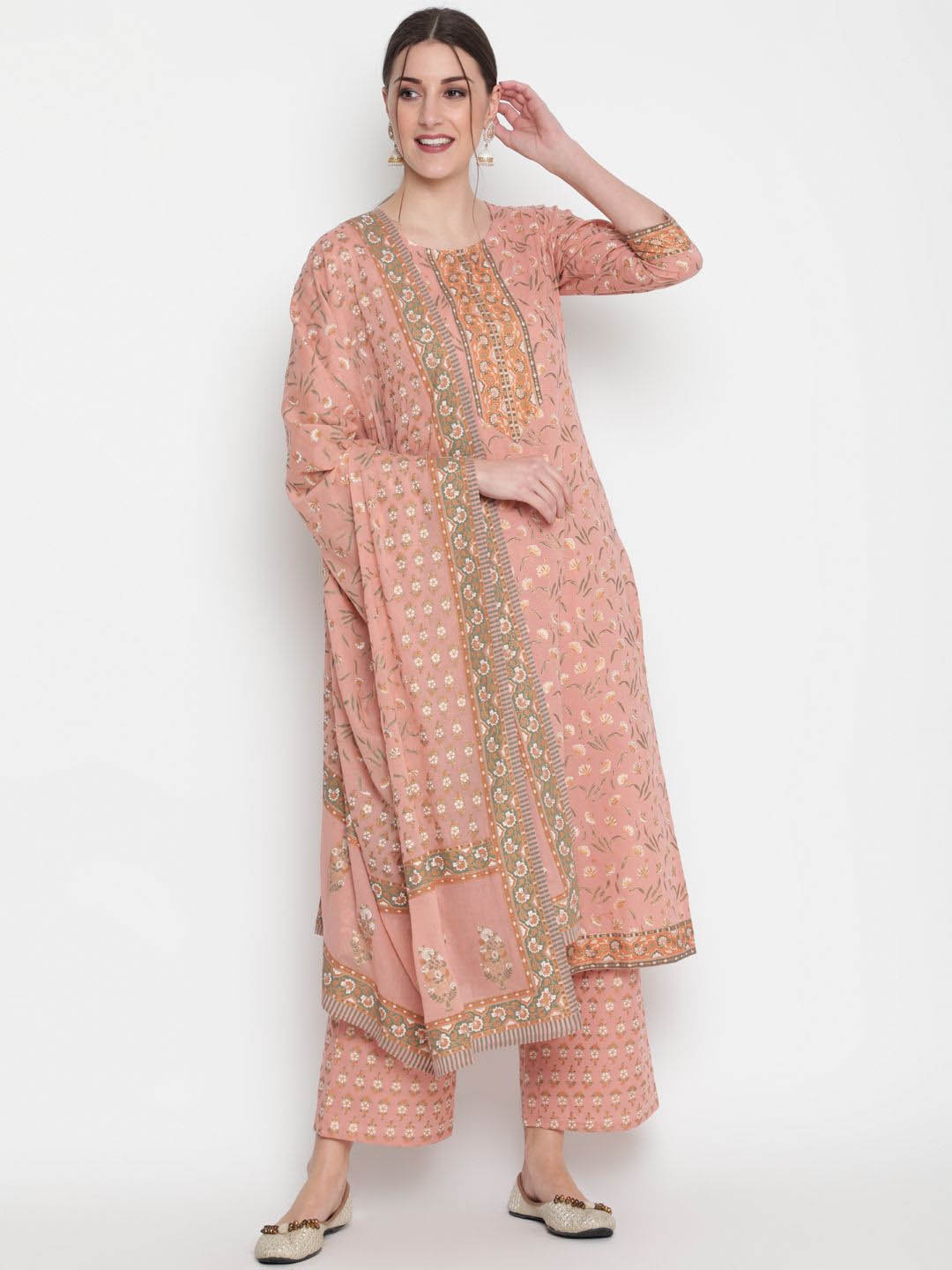 

GLAM ROOTS Floral Printed Pure Cotton Straight Kurta With Trousers & Dupatta, Pink