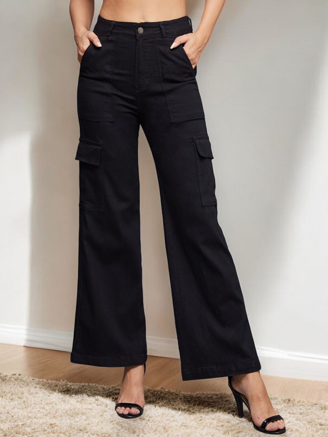 

Miss Chase Women Wide Leg High-Rise Stretchable Jeans, Black