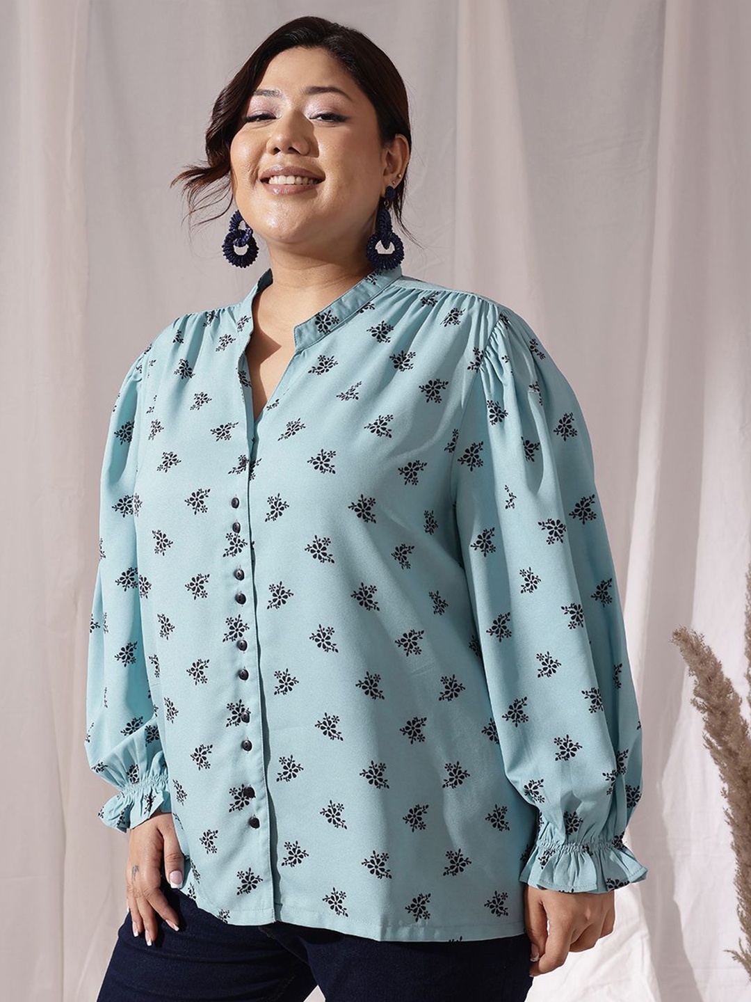 

CURVY STREET Women Plus Size Comfort Mandarin Collar Floral Printed Casual Shirt, Blue