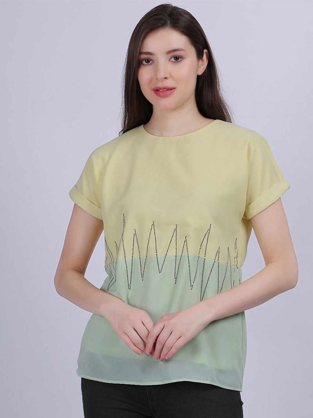 

Aumbe Women Colourblocked Round Neck Top, Yellow