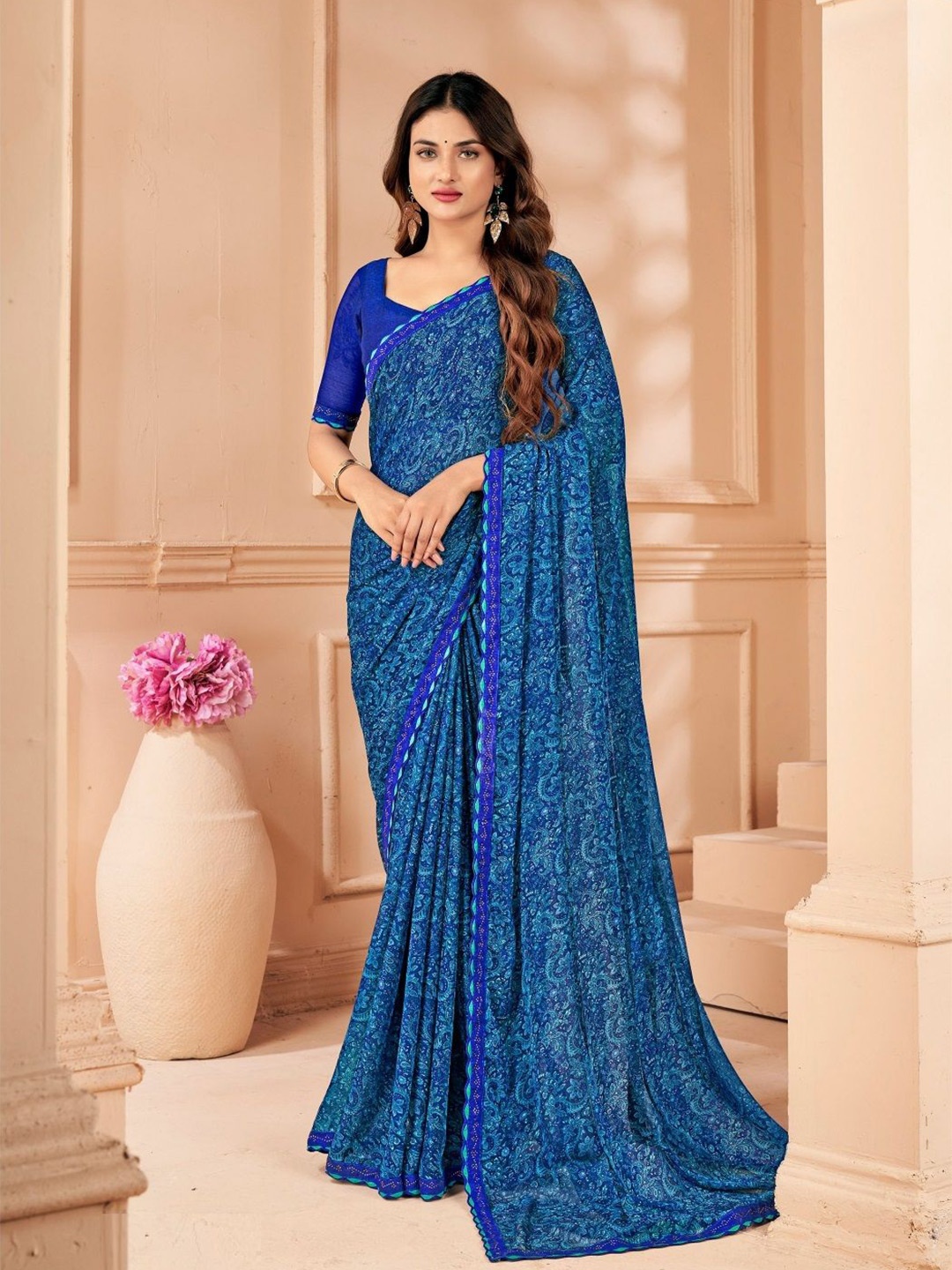 

Reboot Fashions Paisley Pure Chiffon Saree, Blue