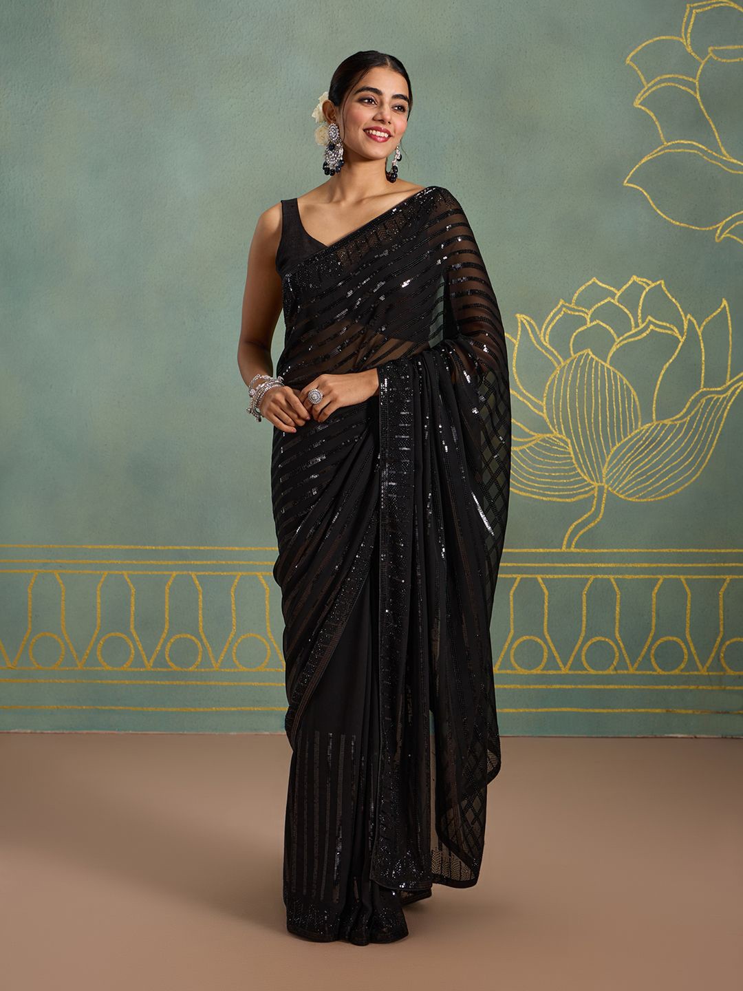 

Likha Striped Sequinned Pure Georgette Saree, Black