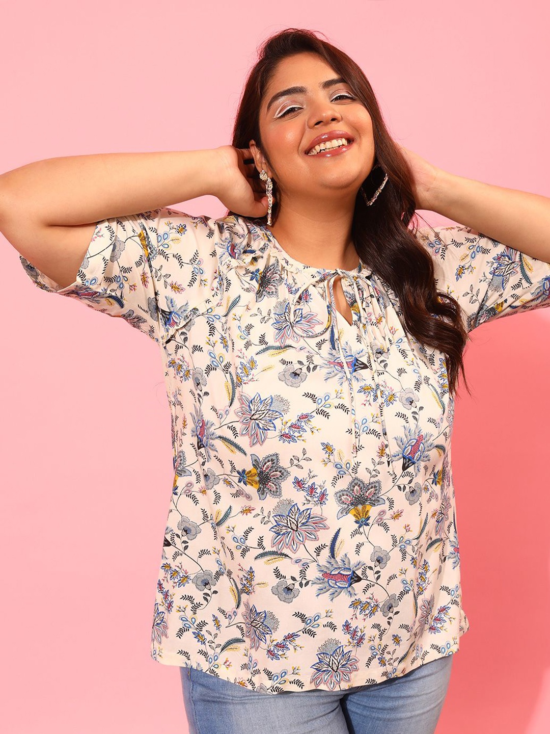 

CURVY STREET Women Floral Printed Round Neck Plus Size Top, Off white